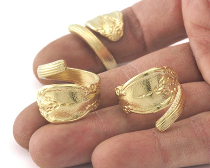 Spoon Ring Wrap Flower Patterned Adjustable Raw Brass (17.5mm 7US inner size) 4062