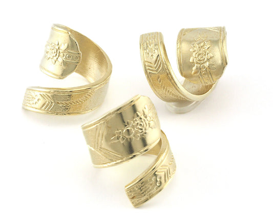 Spoon Ring Wrap Flower Patterned Adjustable Raw Brass (17.5mm 7US inner size) 4063