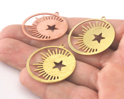 Round Star Crescent Sun Charms Tag Raw Brass - Brushed Brass - Copper 30mm 0.8 mm 1 hole Findings 4067-305