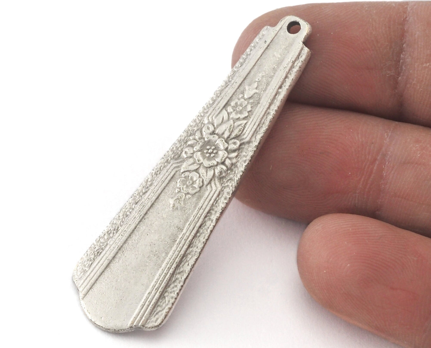Spoon Pendant Flower Patterned Antique Silver Plated Brass 4044
