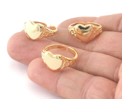 Heart Signet Ring Adjustable Blank Shiny Gold Plated brass (5US - 7US inner size - Adjustable ) OZ4032 10x10mm blank