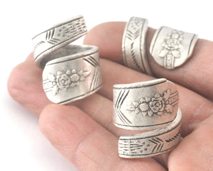 Spoon Ring Wrap Flower Patterned Adjustable Antique Silver Plated Brass (17.5mm 7US inner size) 4063