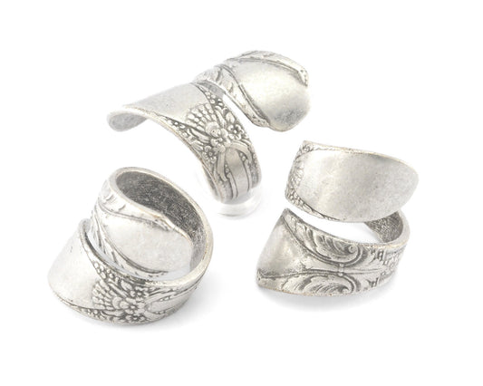 Spoon Ring Wrap Flower Patterned Adjustable Antique Silver Plated Brass (17.5mm 7US inner size) 4072