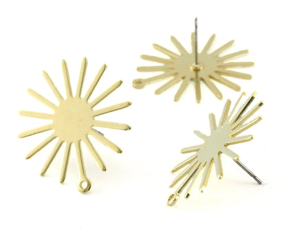 Sun Earring Stud Posts, Raw brass , 25x27mm 4101