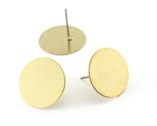 Round Disc Shape Earring Stud Posts, Raw brass , 16mm 4103