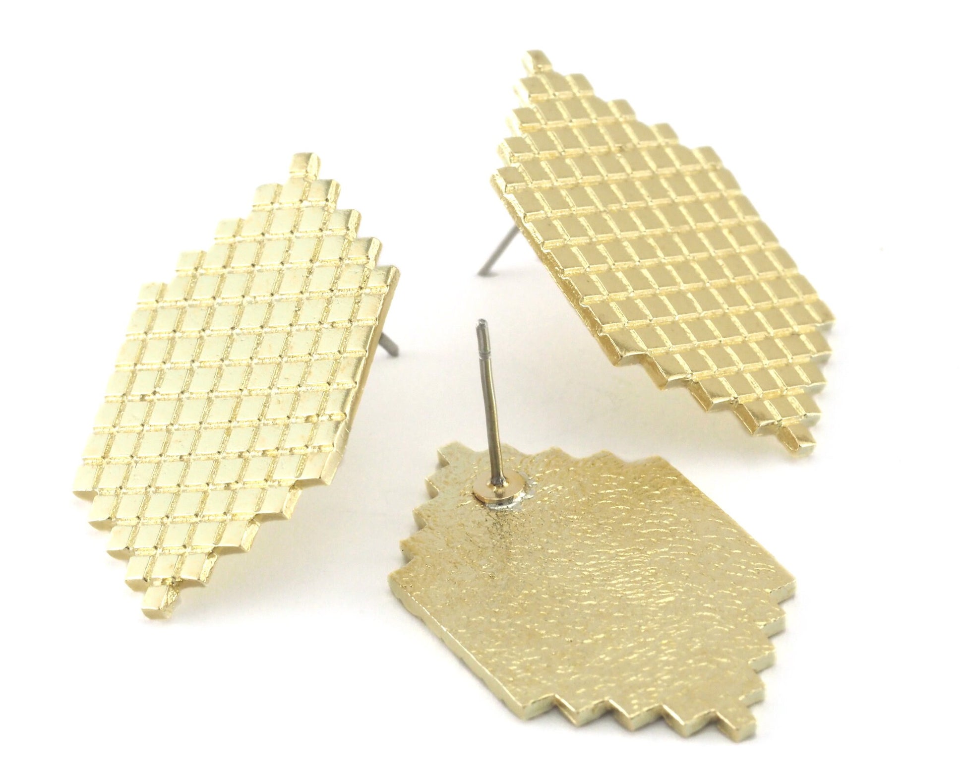 Elongated Hexagon Earring Stud Posts, Square Texturing Raw brass , 32mm 4107