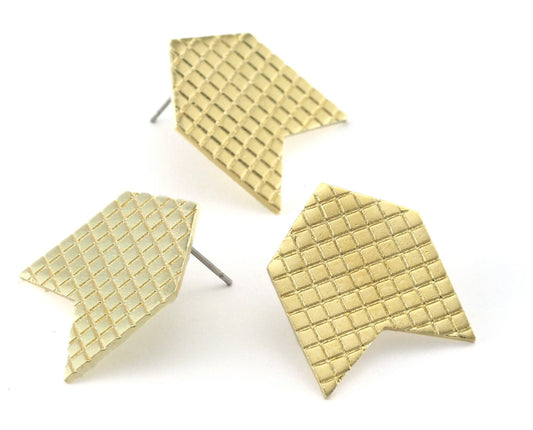 Elongated Chevron Earring Stud Posts, Square Texturing Raw brass , 23mm 4108