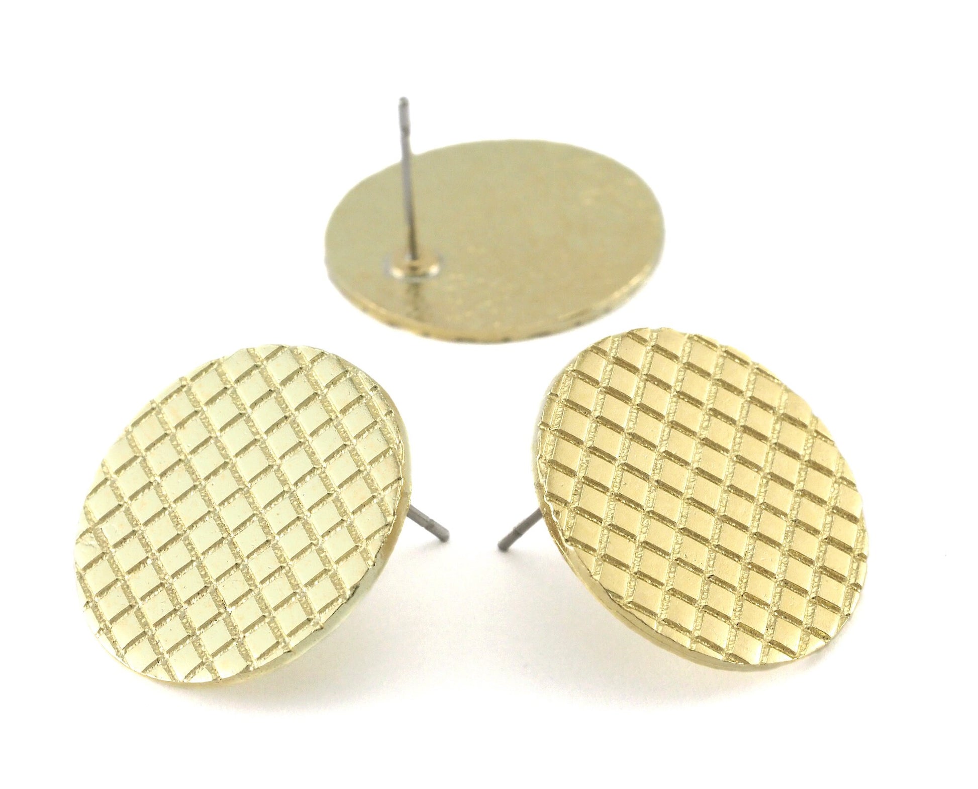 Checker Round Earring Stud Posts, Square Texturing Raw brass , 21mm 4109