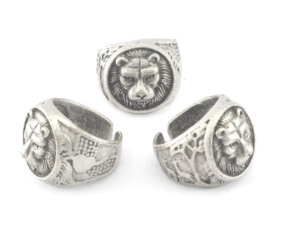 Lion Ring Adjustable Antique Silver Plated Brass (18.5mm 8.5US inner size) OZ3358