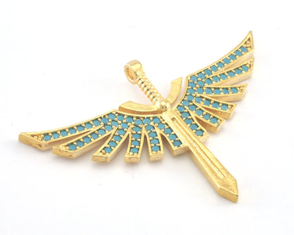 Micro Pave wing Sword pendant with loop Gold plated Brass with Blue crystal 2142