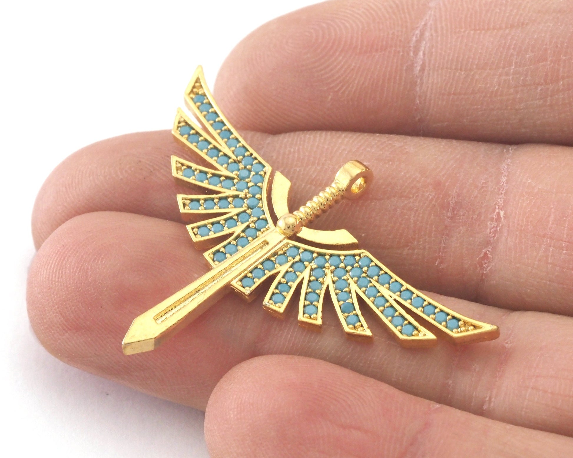 Micro Pave wing Sword pendant with loop Gold plated Brass with Blue crystal 2142