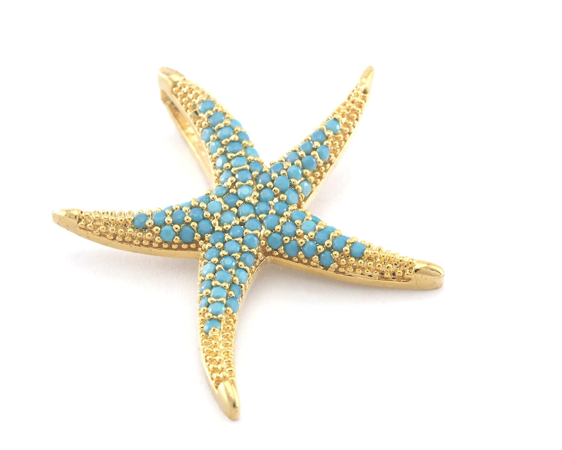 Starfish Star Pendant Micro Pave Rose Gold, Shiny Silver, Shiny Gold plated Brass blue rhinestone crystals 2068