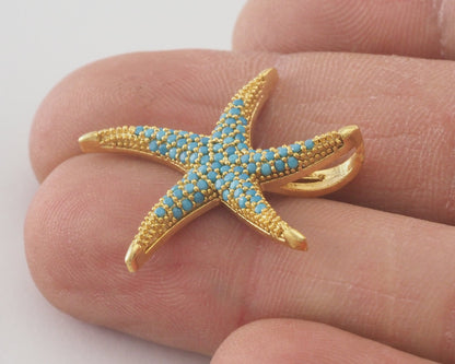 Starfish Star Pendant Micro Pave Rose Gold, Shiny Silver, Shiny Gold plated Brass blue rhinestone crystals 2068