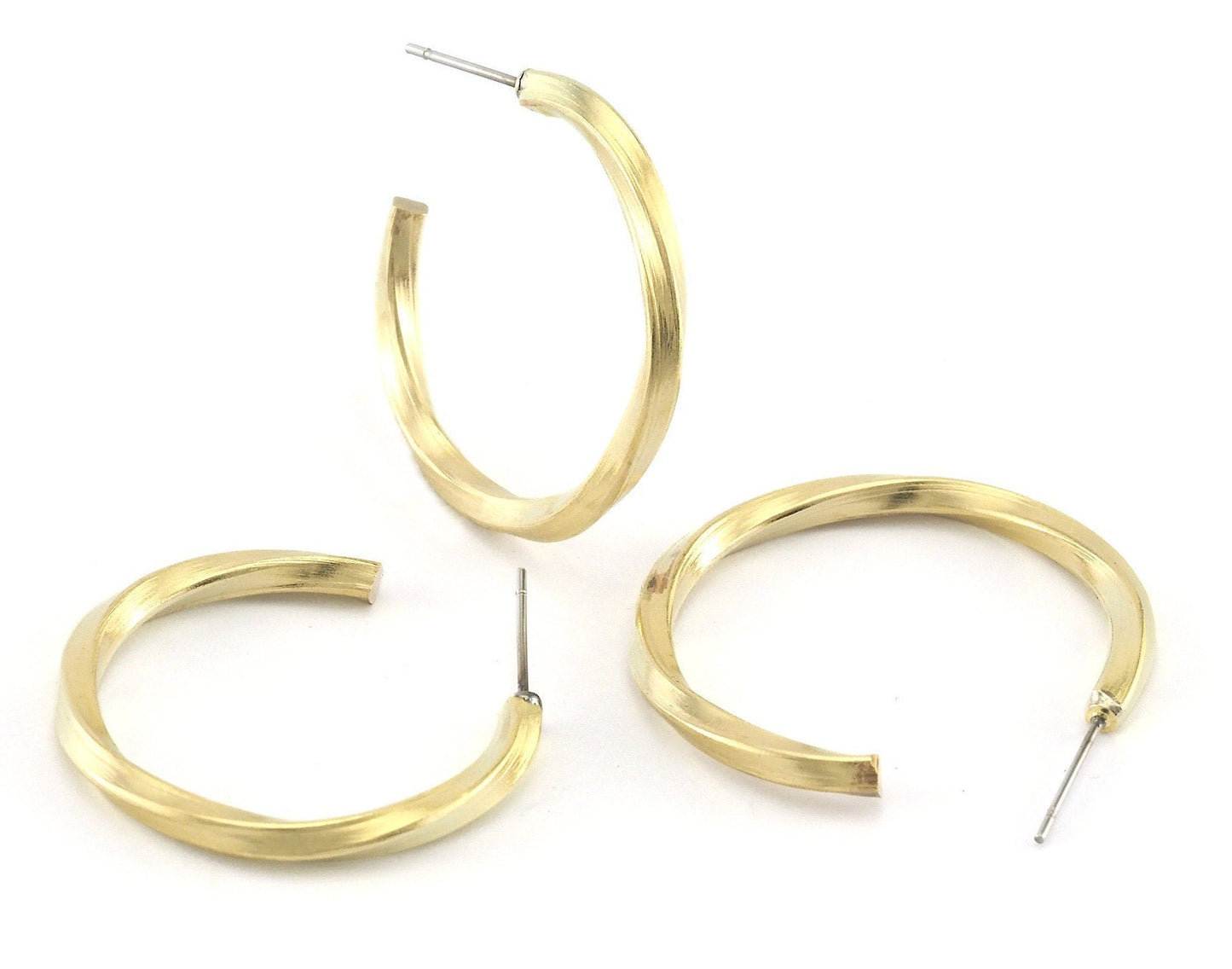 Hoop twisted swirl round bar Earrings stud base raw brass round earring posts, 30mm 4208