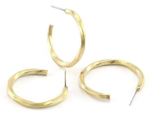 Hoop twisted swirl round bar Earrings stud base raw brass round earring posts, 30mm 4208
