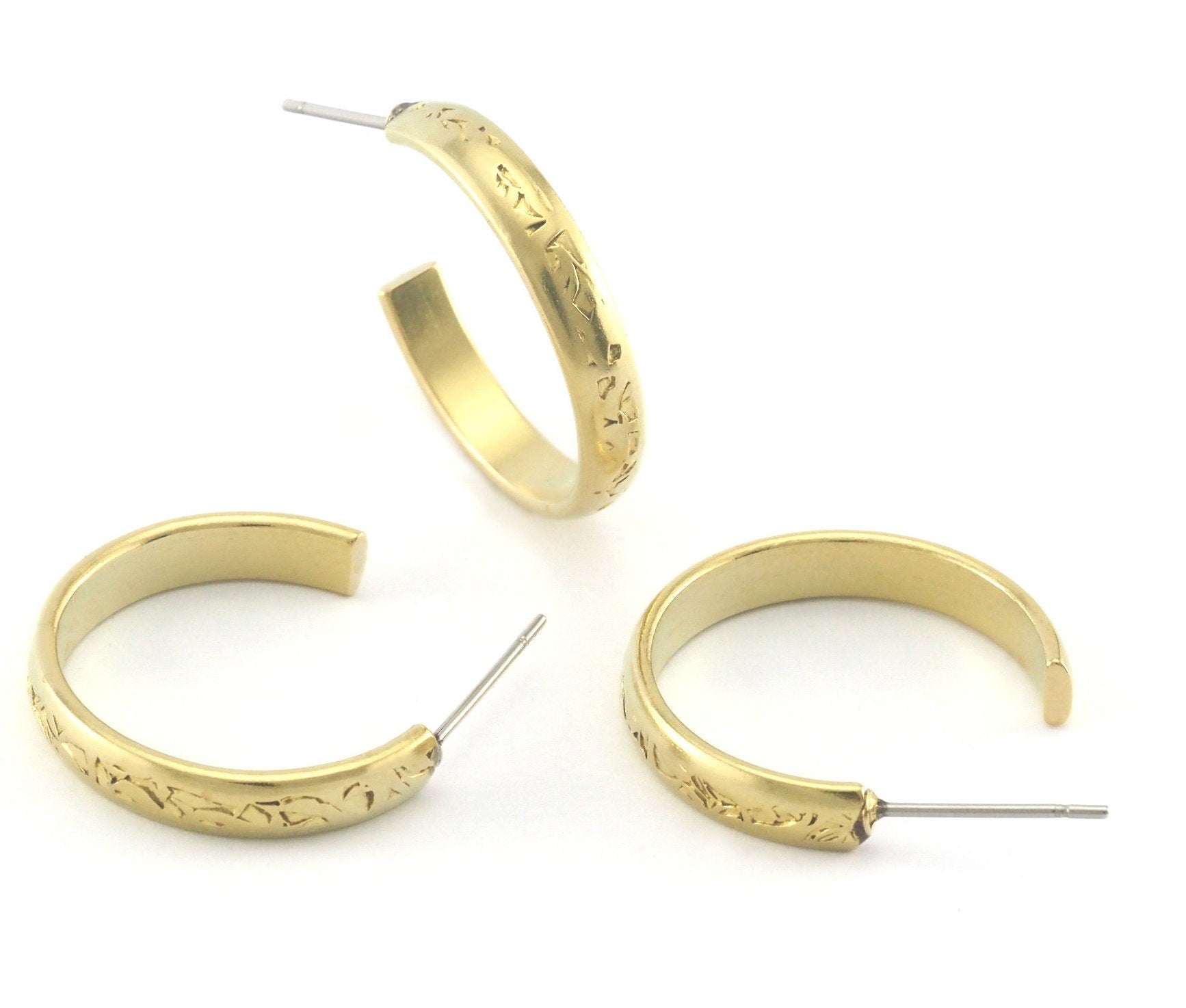 Hoop textured symbols round bar Earrings stud base raw brass round earring posts, 23mm 4209