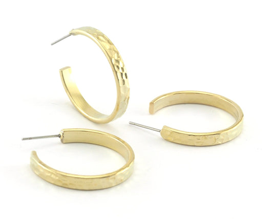 Hoop flat hammered Earrings stud base raw brass round earring posts, 35mm OZ4223