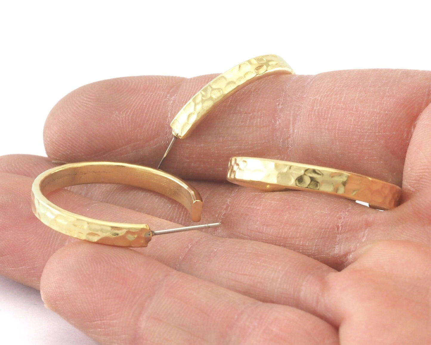 Hoop flat hammered Earrings stud base raw brass round earring posts, 35mm OZ4223