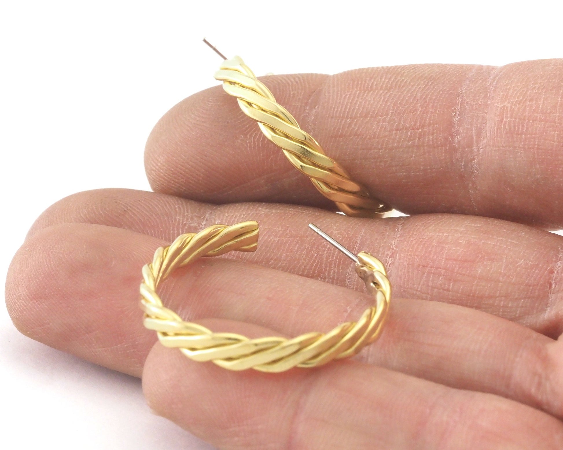 Hoop flat twisted swirl Earrings stud base raw brass round earring posts, 35mm OZ4224