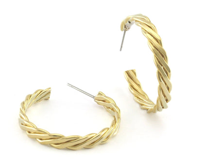 Hoop flat twisted swirl Earrings stud base raw brass round earring posts, 35mm OZ4224