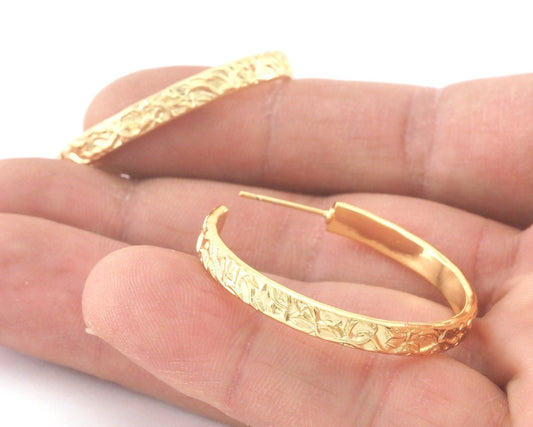 Hoop flat branch branches earrings stud base Shiny Gold tone brass round earring posts, 35mm OZ4226