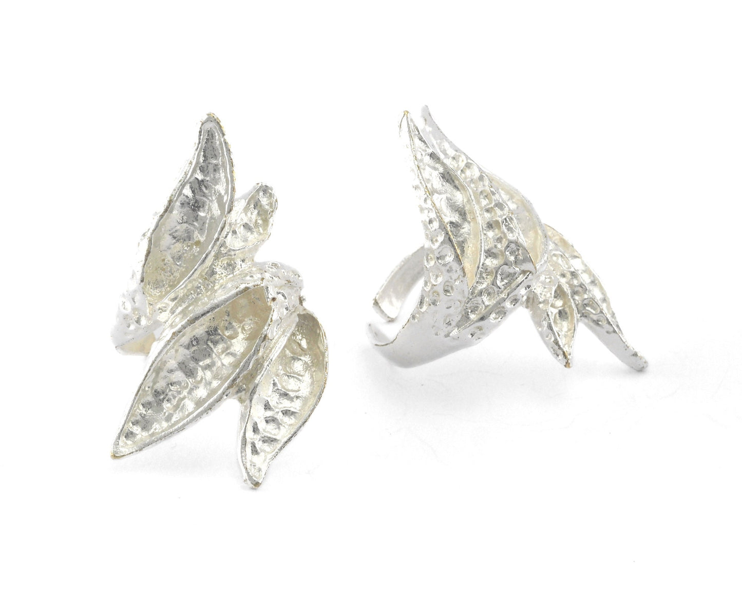 Leaf Flowers Ring Adjustable Hammered Silver Plated Brass (17.5mm 7US inner size) OZ1028