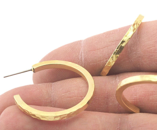 Hoop hammered round earrings stud base raw brass round earring Posts, 30mm OZ4265