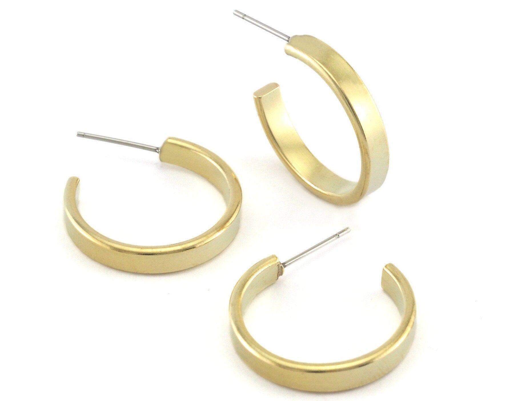 Hoop Flat Earrings stud base raw brass round earring Posts, 23mm 4205