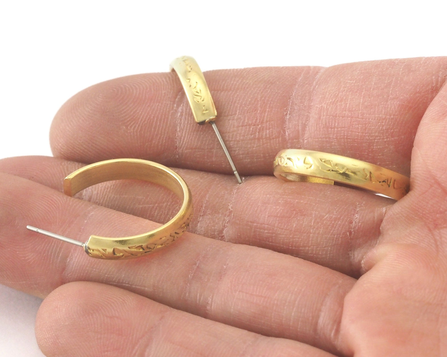 Hoop textured symbols round bar Earrings stud base raw brass round earring posts, 23mm 4209