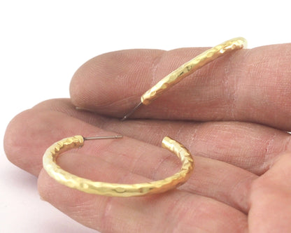 Hoop round hammered earrings stud base raw brass round earring posts, 35mm OZ4214