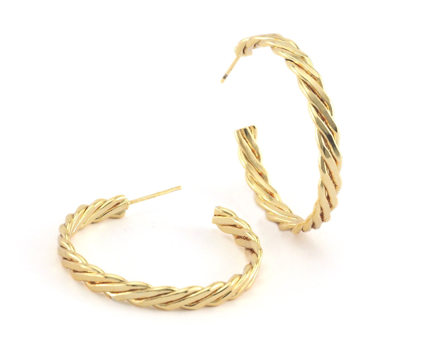 Hoop flat twisted swirl Earrings stud base Shiny Gold tone lacquer plated brass round earring posts, 35mm OZ4224