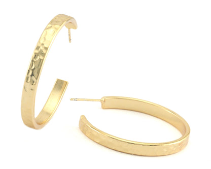 Hoop flat hammered Earrings stud base Shiny Gold Tone brass round earring posts, 35mm OZ4223