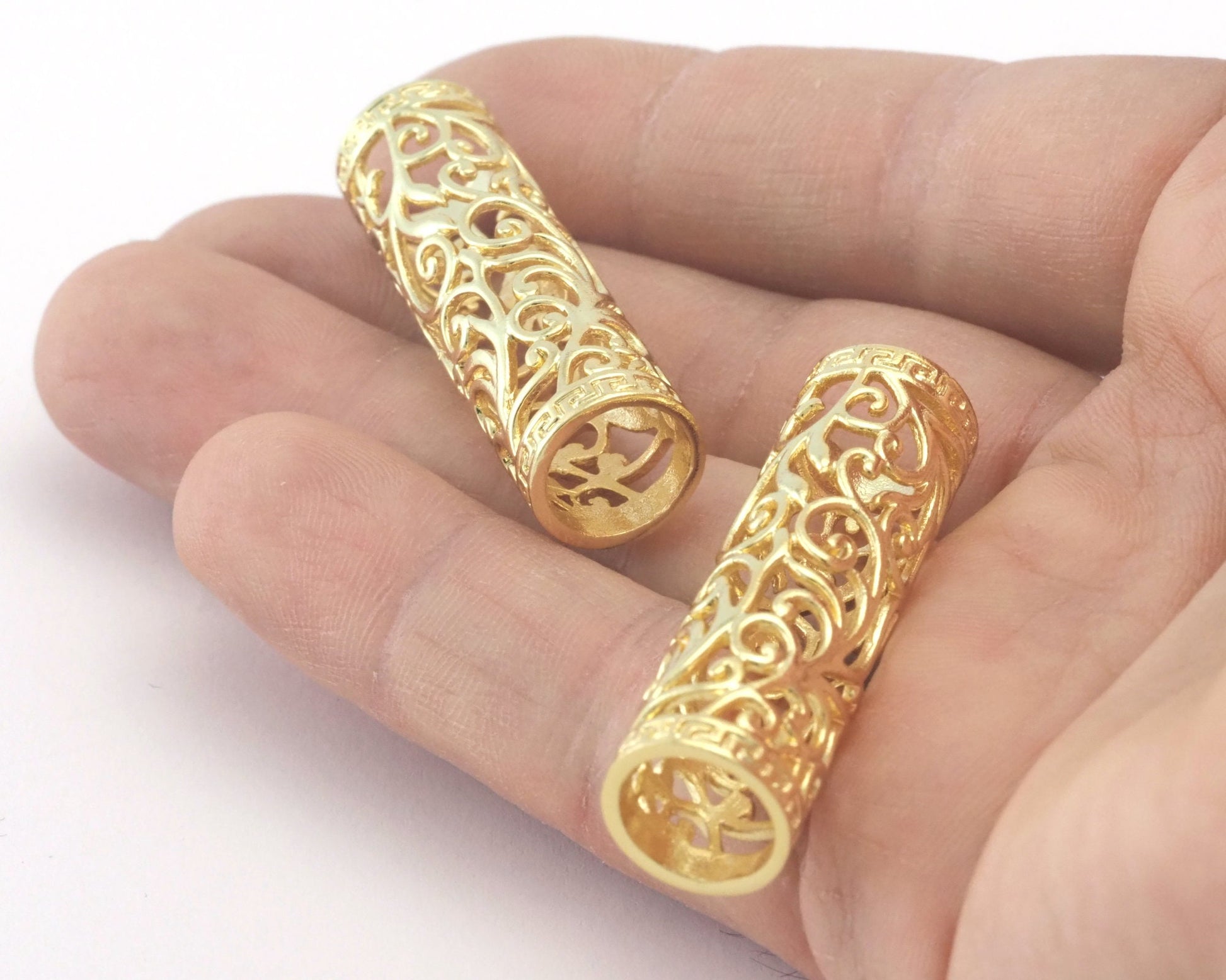 Tube filigree Shiny Gold Plated brass Charms findings 41x12mm (hole 9,5mm ) ,Pendant spacer bead OZO29