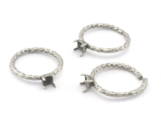 Ring Base Blank Hammered Prong Cup Bezel Adjustable Antique silver plated brass (6-9US inner size - Adjustable ) OZ4284