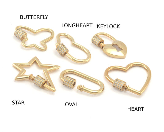 Carabiner clasp Screw Clasp Pendant Heart, Star, Long Heart, Oval, Butterfly, Key Lock ,Shiny Gold Plated Brass 4203