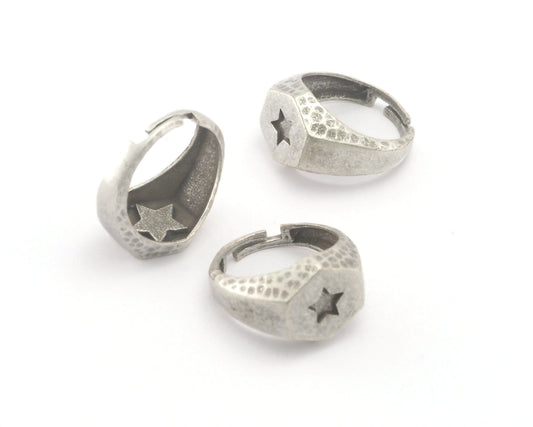 Star Signet Ring Adjustable Antique silver plated brass (6-7US inner size) Oz4243