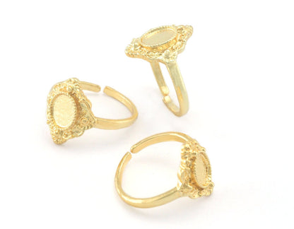 Oval Adjustable Ring Base Bezel ( 8x6mm setting ) Shiny Gold Plated Brass (18mm 8US inner size - Adjustable ) OZ2633
