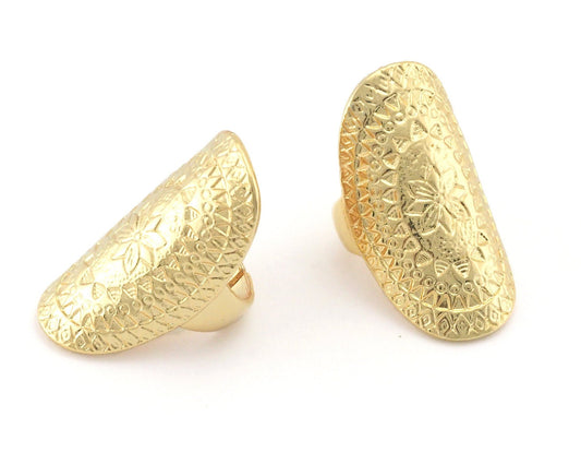 Flower ethnic curved textured Adjustable Ring Shiny Gold Plated Brass 39mm (17.5mm 7US inner size) OZ2421