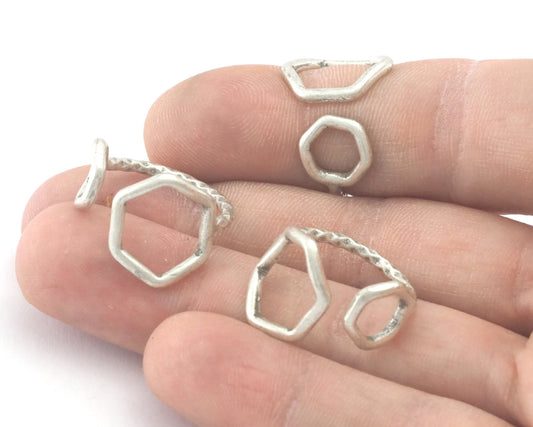 Hammered Hexagonal Circles Frames Adjustable Ring Antique Silver Plated Brass (5US - 8US inner size) 4354