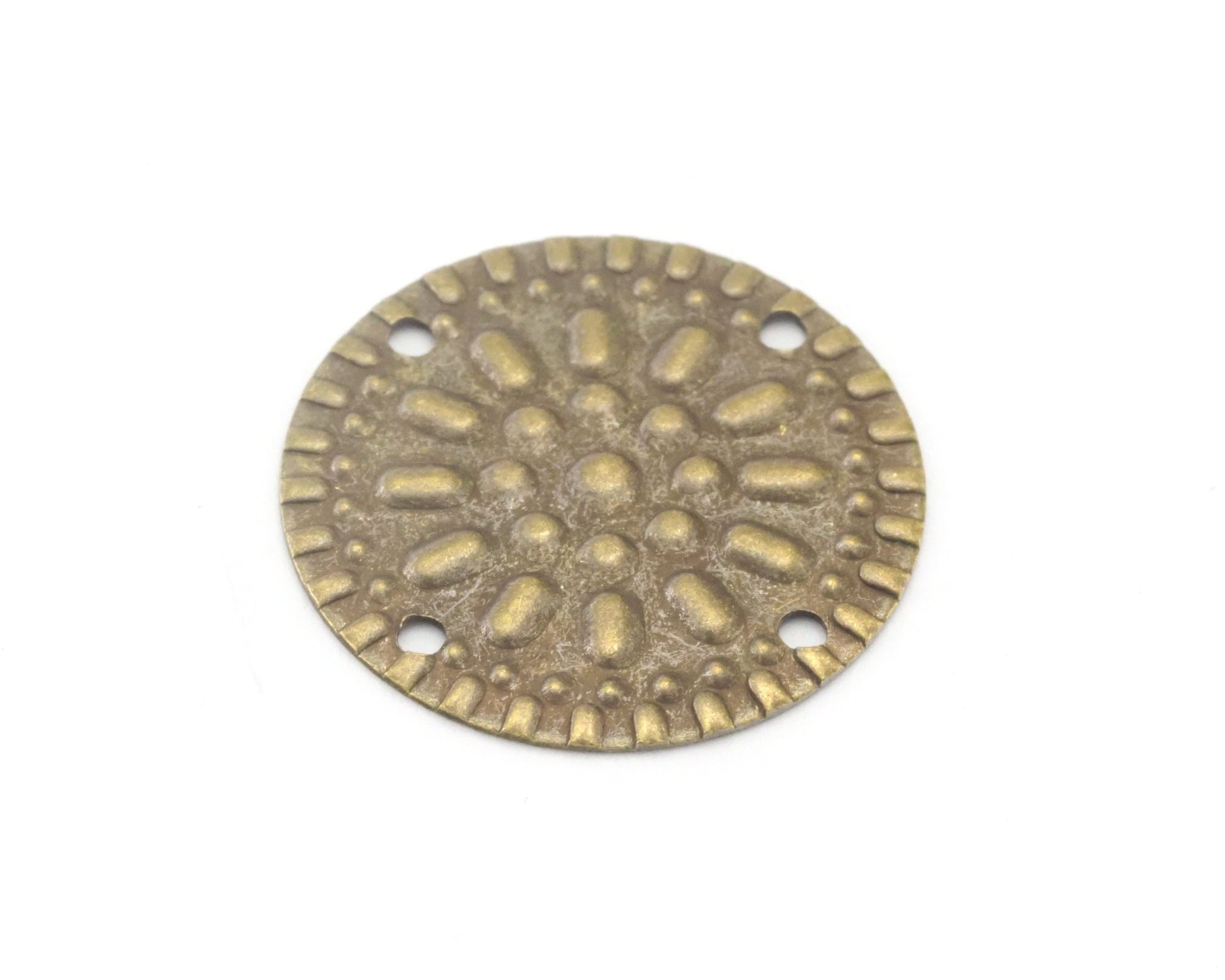 Antique brass textured circle, 4 holes 20mm raw brass 4174