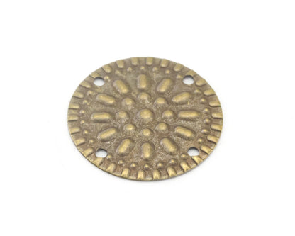 Antique brass textured circle, 4 holes 20mm raw brass 4174