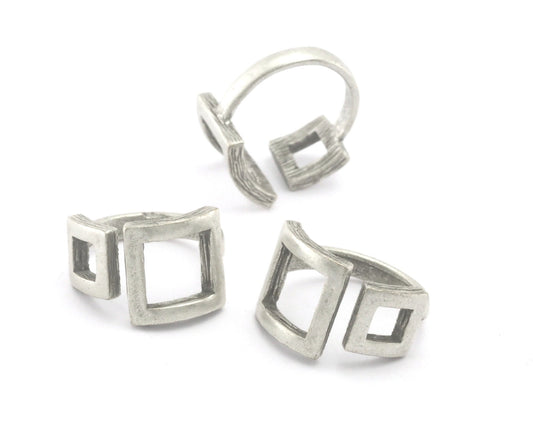 Square Frames Adjustable Statement Ring Antique silver plated brass (6US - 8US inner size) 4347