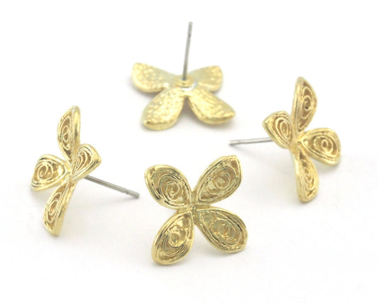 Flower blossom earring post stud wire base Raw brass 14.5x14.5mm OZ4367