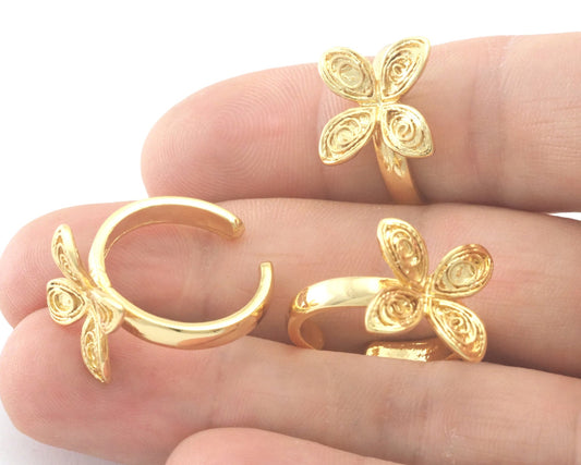 Flowers Statement Adjustable Ring Shiny Gold Plated brass (7 - 9US inner size) Oz4335