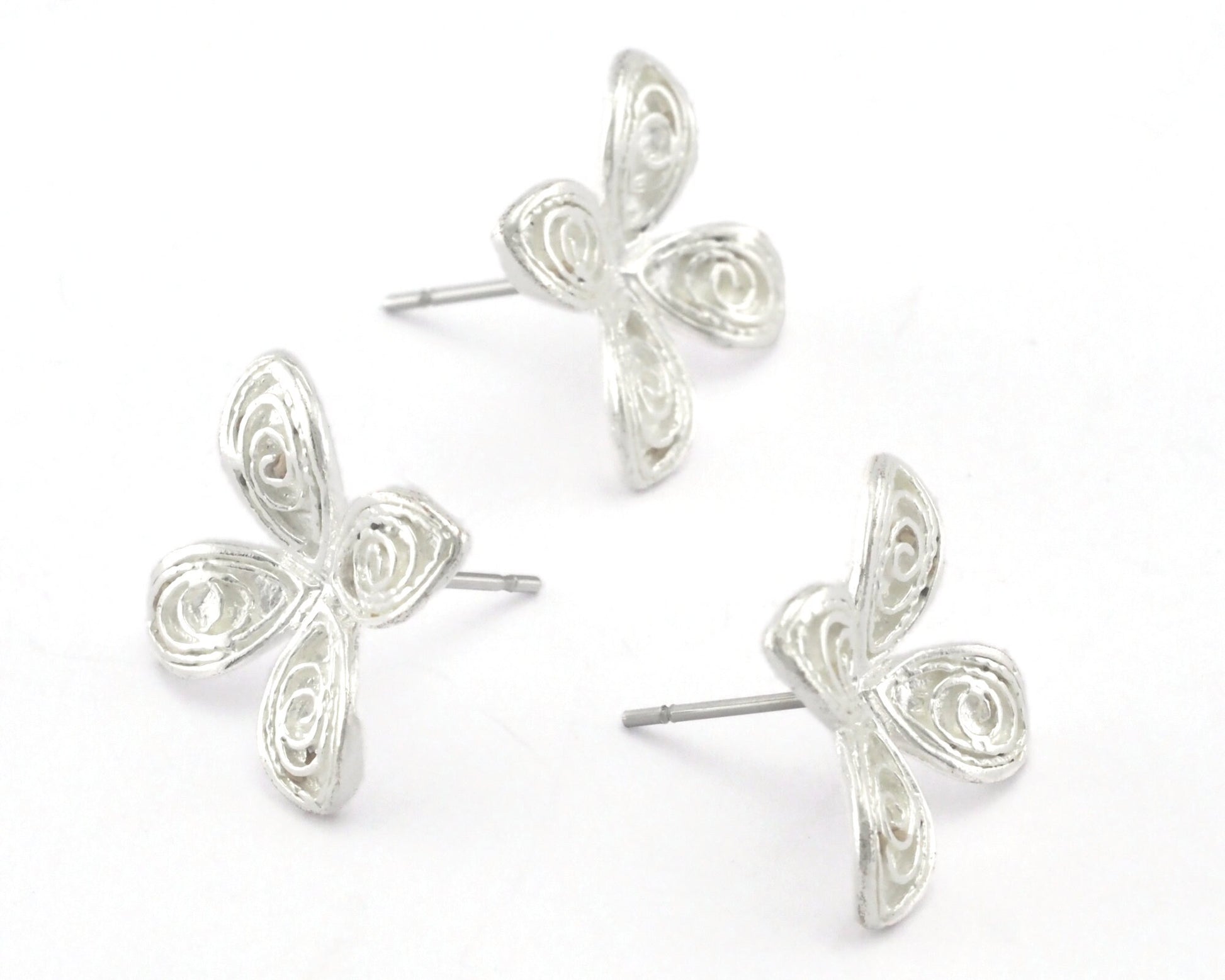 Flower blossom earring post stud wire base Shiny silver plated brass 14.5x14.5mm OZ4367