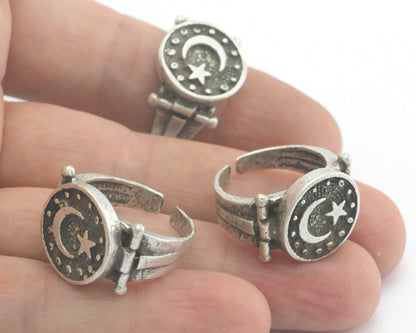 Signet Ring Crescent Star Adjustable Antique Silver Plated Brass OZ3997