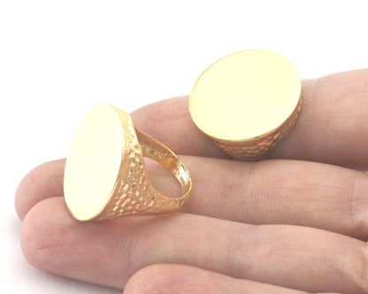 Hammered Signet Ring Blank - Shiny Gold Plated brass (17.5mm 7US inner size ) 24mm blank size OZ4385