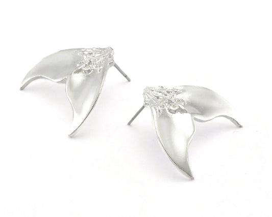 Whale shark tail earring post stud wire base 2 pcs. 1 pair Shiny silver plated brass 25x22mm OZ4383