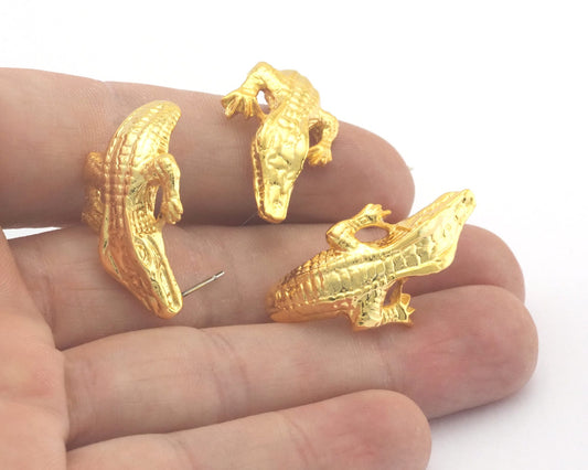 Crocodile earring post stud Shiny gold plated brass one pair 32x17.5mm 4368