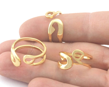 Safety Pin Statement Adjustable Ring Gold Plated Brass (7 - 9US inner size) 4334